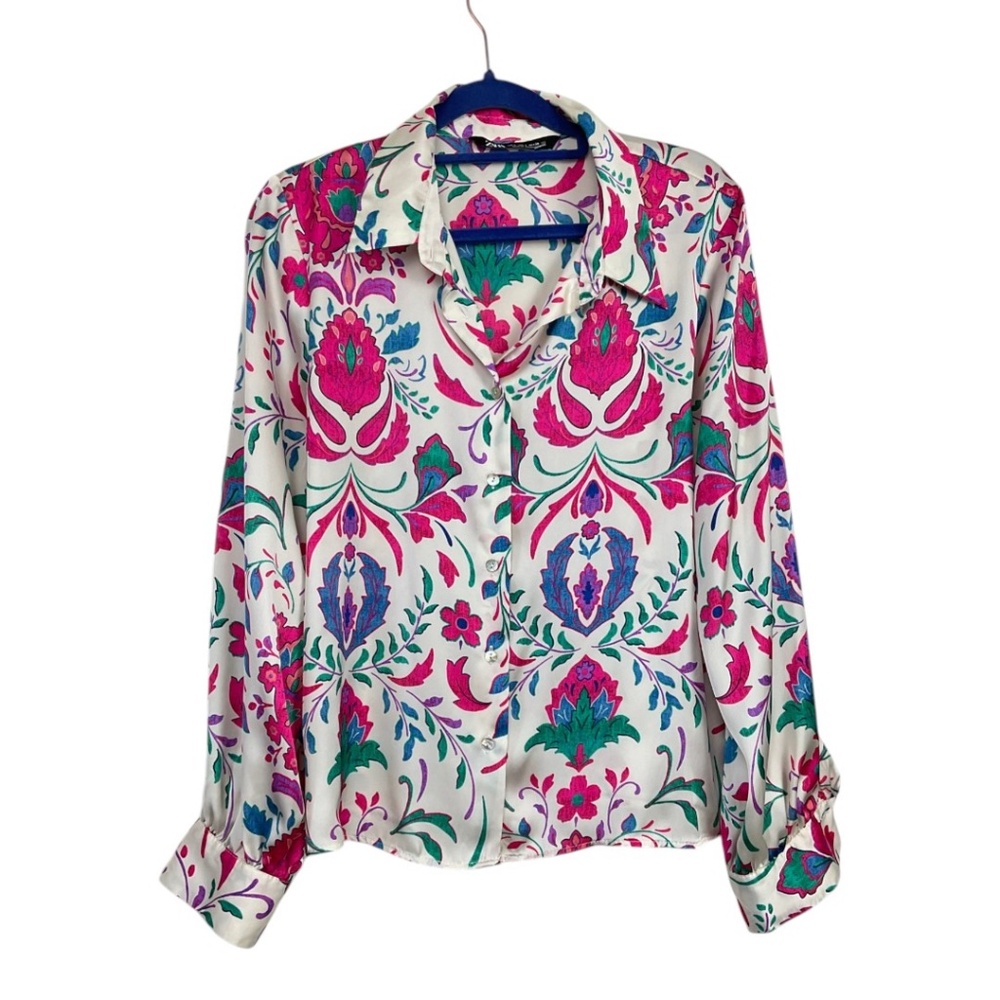 Zara White Blouse with Pink Green and Blue Floral Print